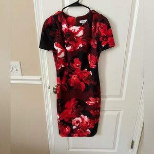 Calvin Klein Black and Red Floral Midi Dress